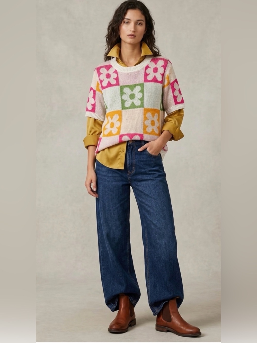 Bibi floral block retro style short sleeve sweater - LARGE-NWT